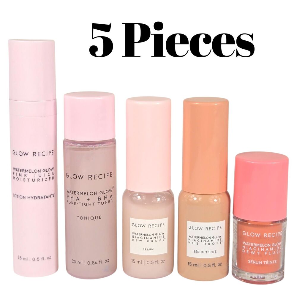 5pc Glow Recipe: Watermelon Glow Toner Dew Drops Hue Drops Pink Juice Dewy Flush